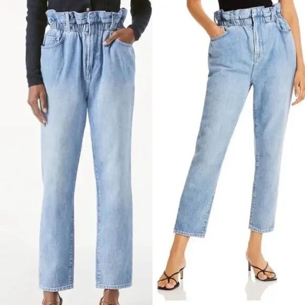 Frame Meridian Paperbag Elastic Waist High Rise Denim Straight Ankle Jeans
